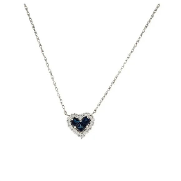 ππ14K Diamond & Sapphire Heart Pendant Necklace White Gold Rhodium Plated - Picture 2 of 4